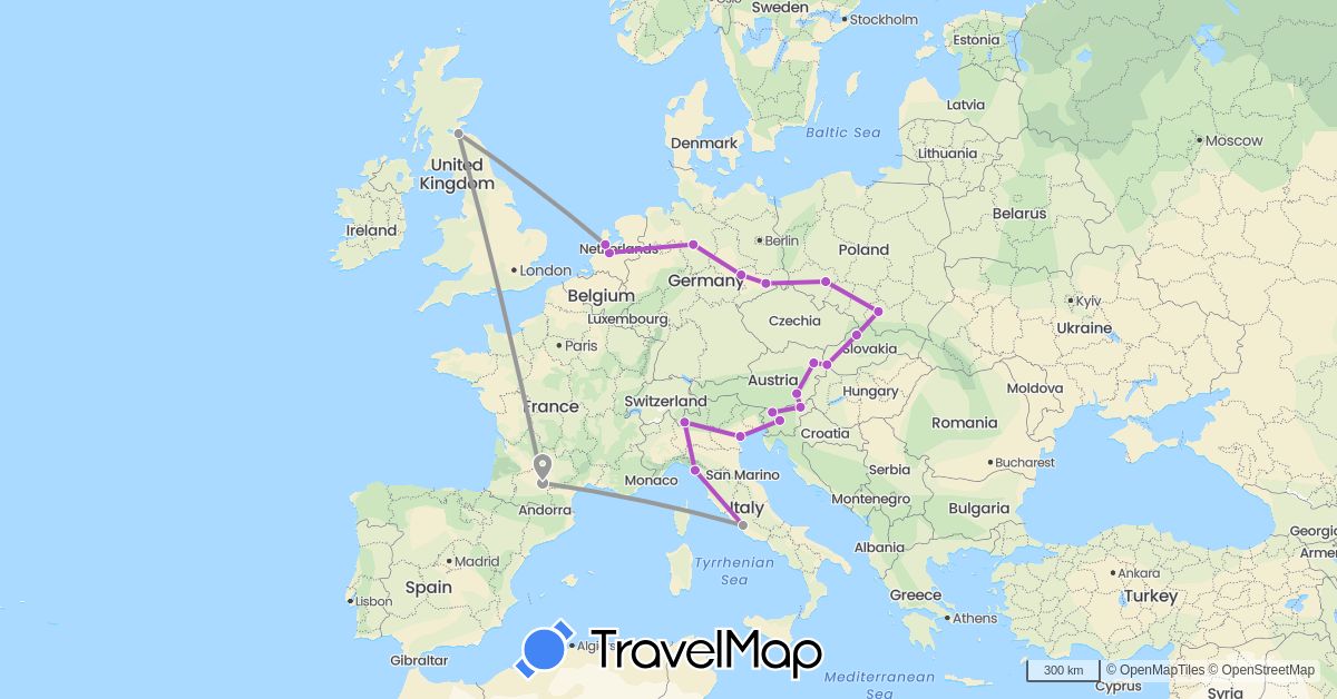 TravelMap itinerary: driving, plane, train in Austria, Germany, France, United Kingdom, Italy, Netherlands, Poland, Slovenia, Slovakia (Europe)