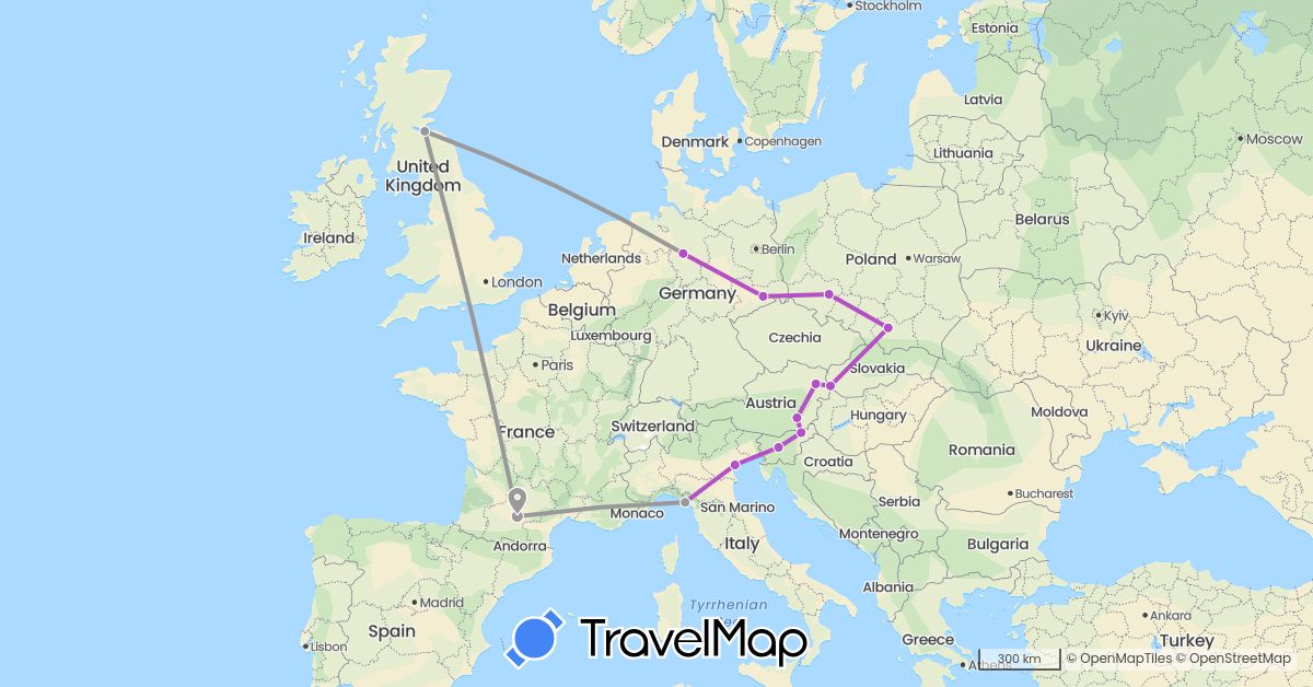 TravelMap itinerary: driving, plane, train in Austria, Germany, France, United Kingdom, Italy, Poland, Slovenia, Slovakia (Europe)