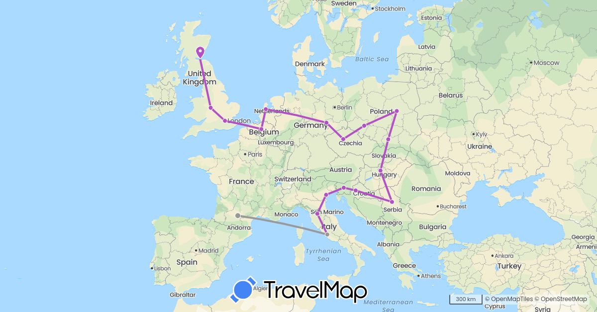 TravelMap itinerary: driving, plane, train in Belgium, Czech Republic, Germany, France, United Kingdom, Croatia, Hungary, Italy, Netherlands, Poland, Serbia, Slovenia (Europe)