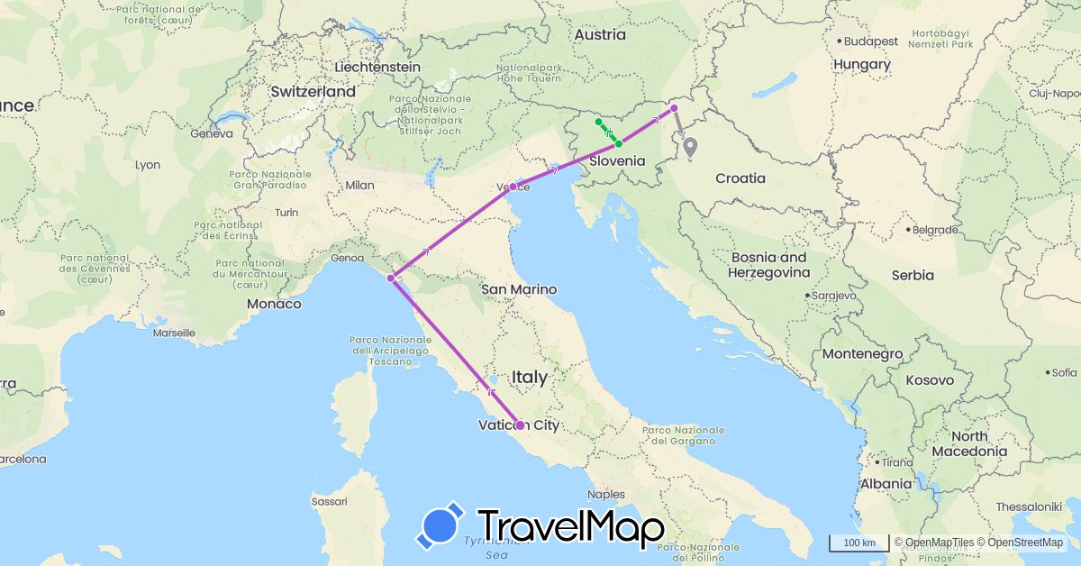 TravelMap itinerary: bus, plane, train in Croatia, Italy, Slovenia (Europe)