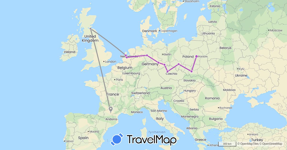 TravelMap itinerary: plane, train in Czech Republic, Germany, France, United Kingdom, Netherlands, Poland (Europe)