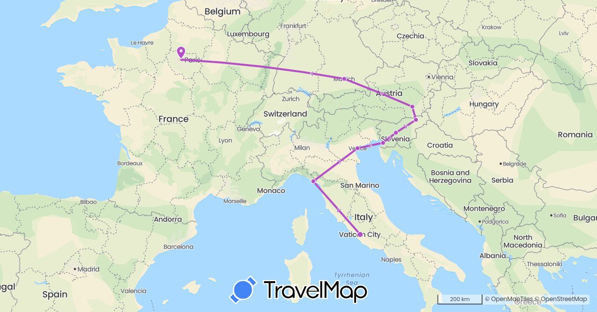 TravelMap itinerary: driving, train in Austria, Germany, France, Italy, Slovenia (Europe)