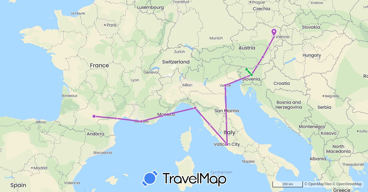 TravelMap itinerary: driving, bus, train in Austria, France, Italy, Slovenia (Europe)