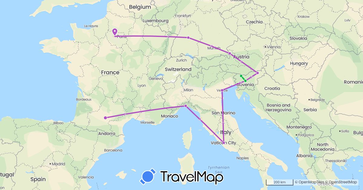 TravelMap itinerary: driving, bus, train in Austria, Germany, France, Italy, Slovenia (Europe)