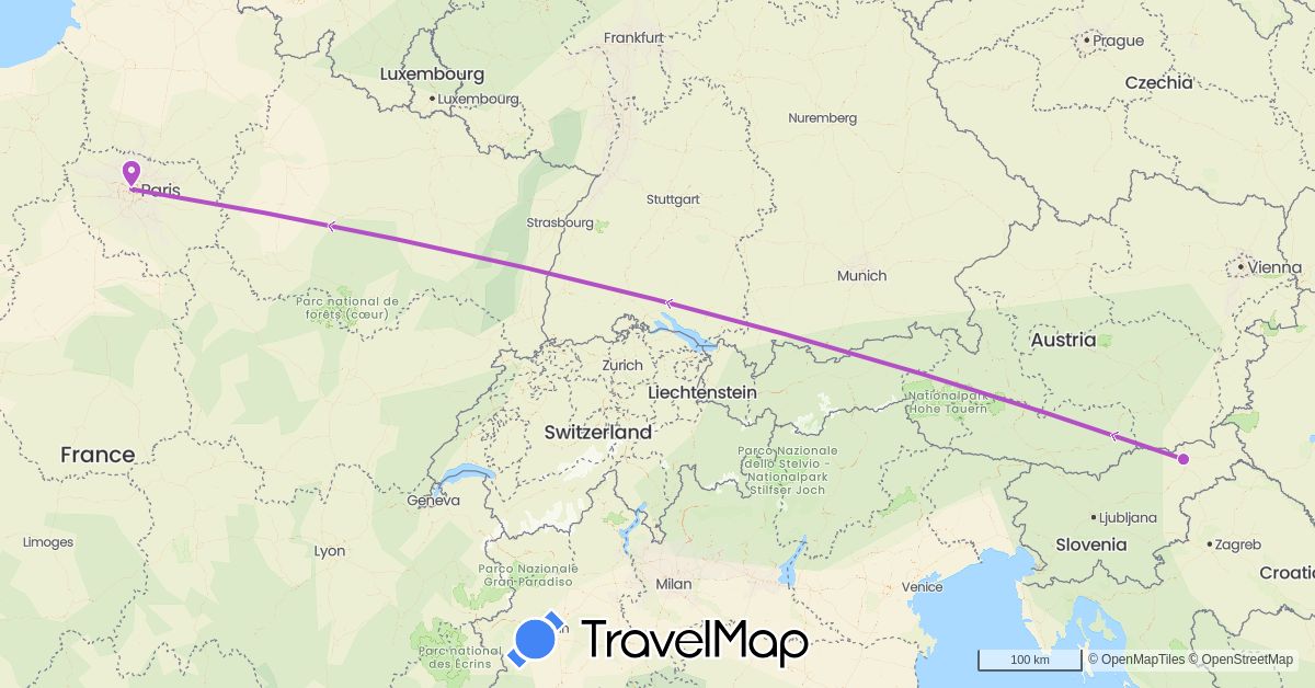 TravelMap itinerary: driving, train in France, Slovenia (Europe)