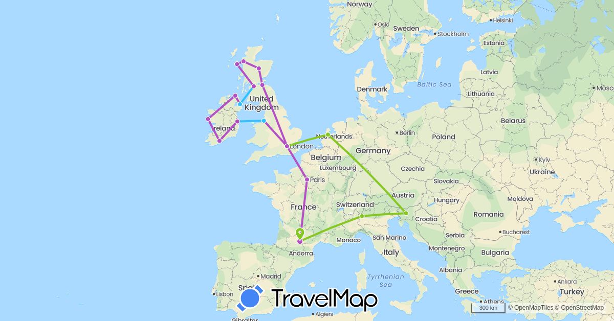 TravelMap itinerary: driving, train, boat, electric vehicle in France, United Kingdom, Ireland, Italy, Netherlands, Slovenia (Europe)