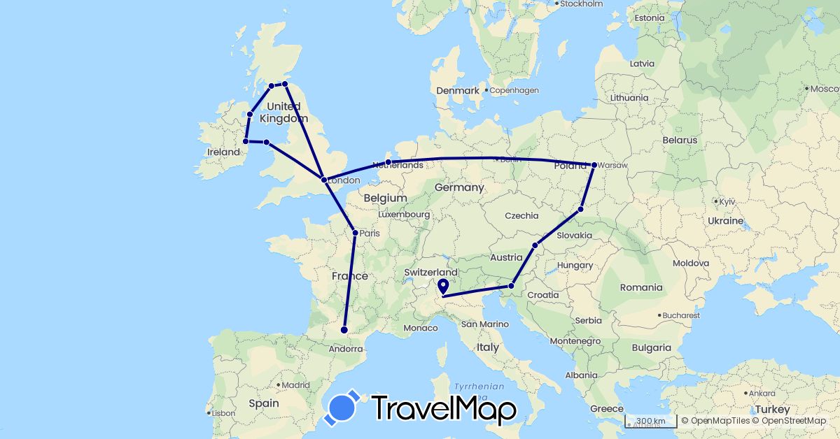 TravelMap itinerary: driving in Austria, France, United Kingdom, Ireland, Italy, Netherlands, Poland, Slovenia (Europe)